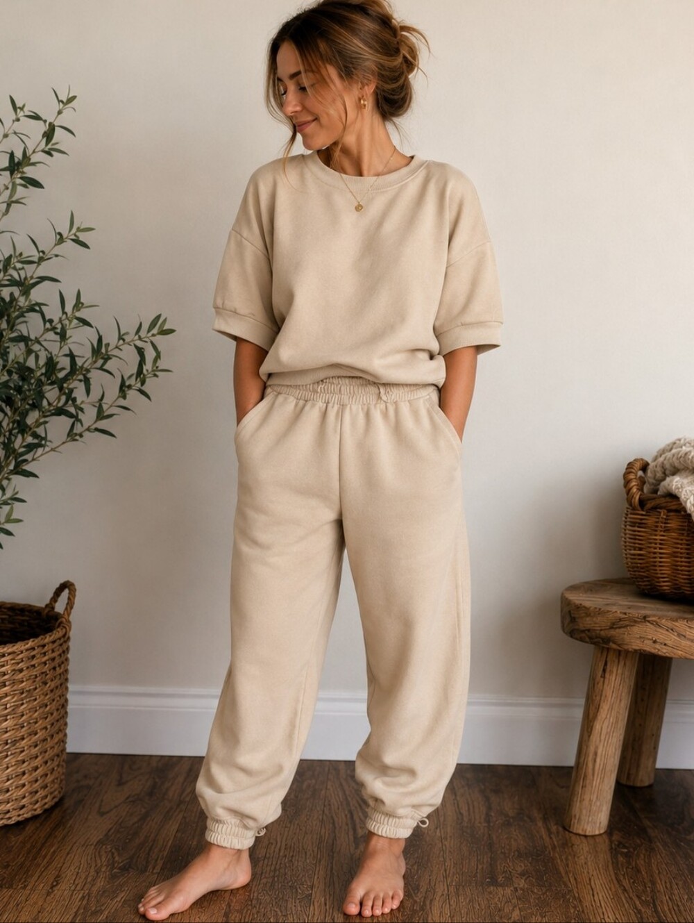 High-Rise Cozy Jogger Pants in Cream Size Small